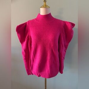 Fuchsia Pink Turtleneck Sweater with Puffed Shoulders, Large